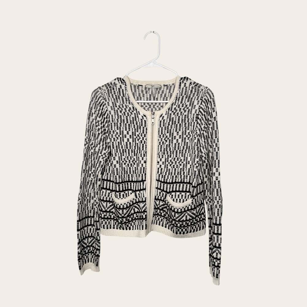 Joie Black and White Geometric Print Full Zip Cotton Linen Cardigan Sweater SZ S